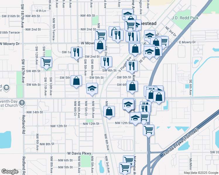 map of restaurants, bars, coffee shops, grocery stores, and more near 601 South Flagler Avenue in Homestead