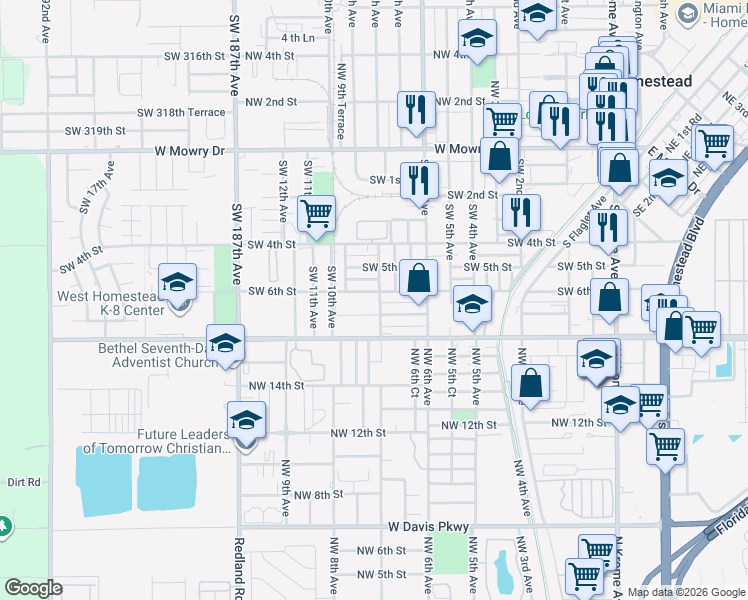 map of restaurants, bars, coffee shops, grocery stores, and more near 712 Southwest 6th Street in Homestead