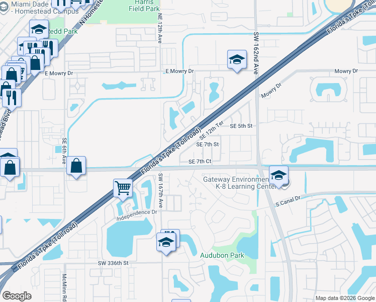 map of restaurants, bars, coffee shops, grocery stores, and more near 707 Southeast 12th Terrace in Homestead