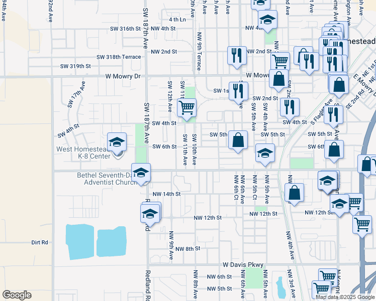 map of restaurants, bars, coffee shops, grocery stores, and more near 613 Southwest 11th Avenue in Homestead