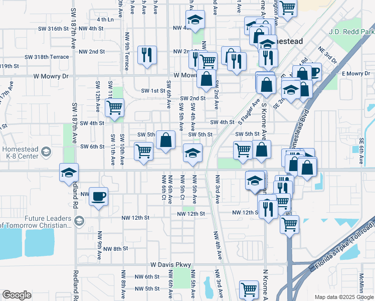 map of restaurants, bars, coffee shops, grocery stores, and more near 421 Southwest 6th Court in Homestead