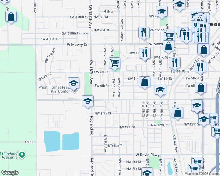 map of restaurants, bars, coffee shops, grocery stores, and more near 611 Southwest 12th Avenue in Homestead