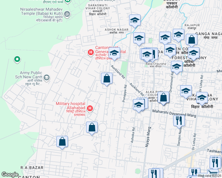 map of restaurants, bars, coffee shops, grocery stores, and more near in Prayagraj