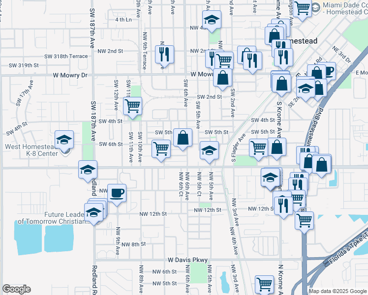 map of restaurants, bars, coffee shops, grocery stores, and more near 612 Southwest 6th Avenue in Homestead