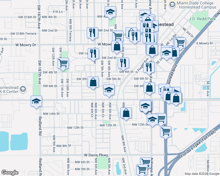 map of restaurants, bars, coffee shops, grocery stores, and more near 421 Southwest 6th Court in Homestead