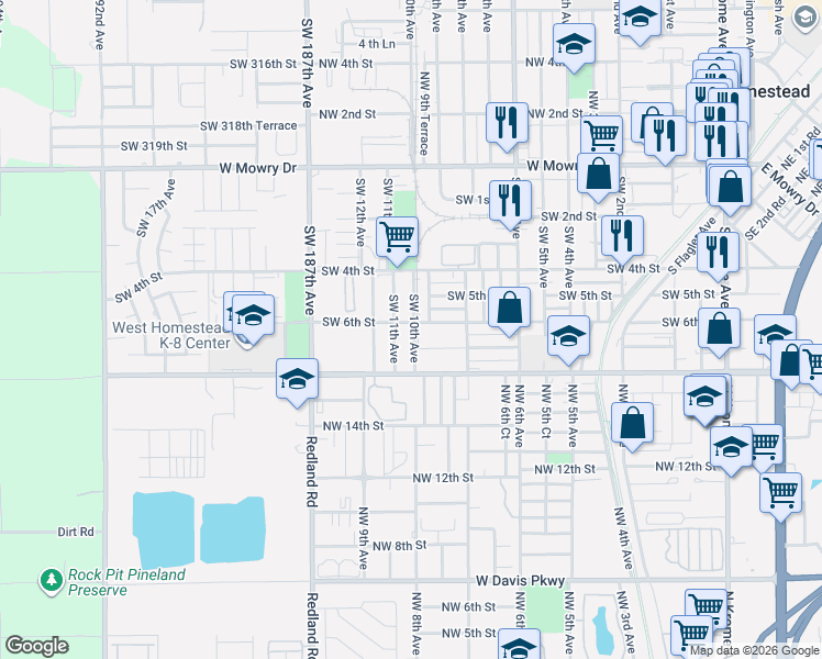 map of restaurants, bars, coffee shops, grocery stores, and more near 613 Southwest 11th Avenue in Homestead