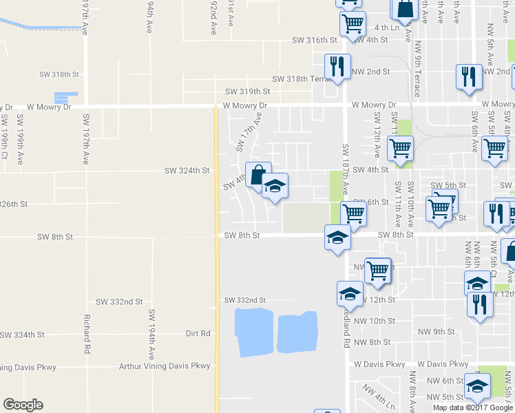 map of restaurants, bars, coffee shops, grocery stores, and more near 597 SW 17th Ave in Homestead