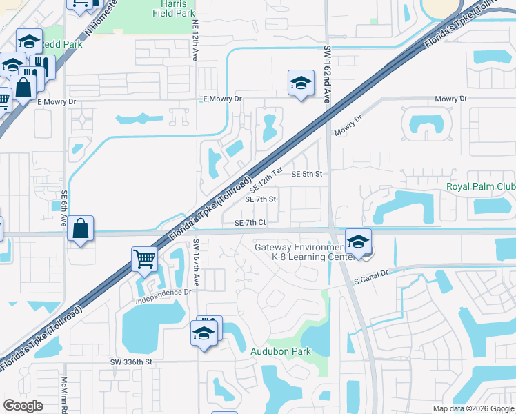map of restaurants, bars, coffee shops, grocery stores, and more near 703 Southeast 13th Terrace in Homestead