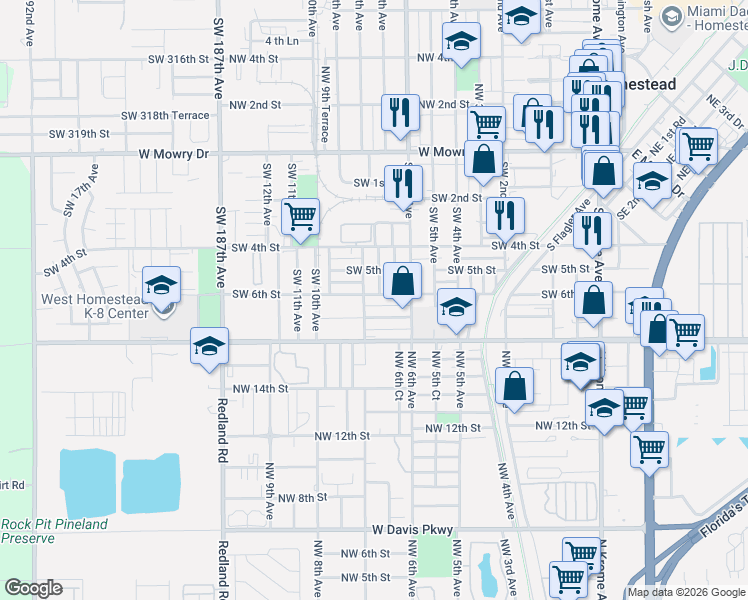 map of restaurants, bars, coffee shops, grocery stores, and more near 712 Southwest 6th Street in Homestead