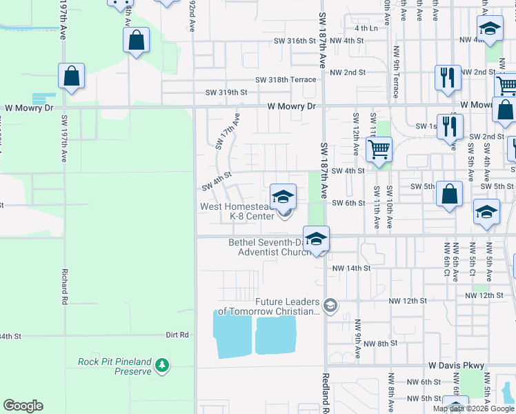 map of restaurants, bars, coffee shops, grocery stores, and more near 1605 Southwest 6th Street in Homestead