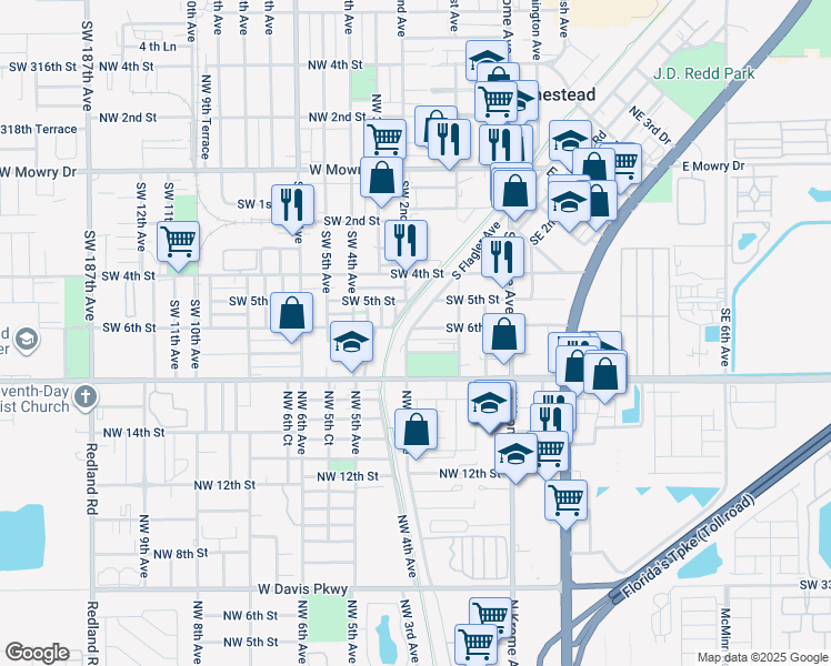 map of restaurants, bars, coffee shops, grocery stores, and more near 601 South Flagler Avenue in Homestead