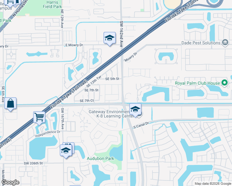 map of restaurants, bars, coffee shops, grocery stores, and more near SE 7th Ln in Homestead