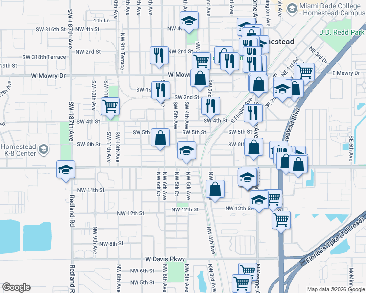map of restaurants, bars, coffee shops, grocery stores, and more near 421 Southwest 6th Court in Homestead