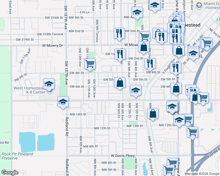 map of restaurants, bars, coffee shops, grocery stores, and more near 712 Southwest 6th Street in Homestead