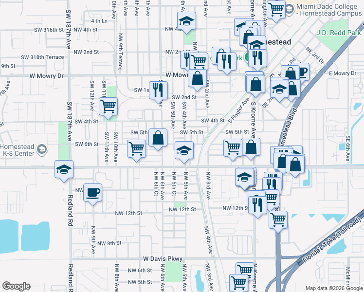 map of restaurants, bars, coffee shops, grocery stores, and more near 421 Southwest 6th Court in Homestead