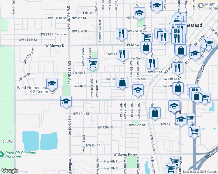 map of restaurants, bars, coffee shops, grocery stores, and more near 712 Southwest 6th Street in Homestead