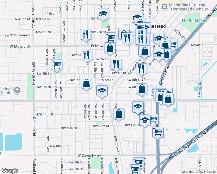 map of restaurants, bars, coffee shops, grocery stores, and more near 625 Southwest 3rd Avenue in Homestead