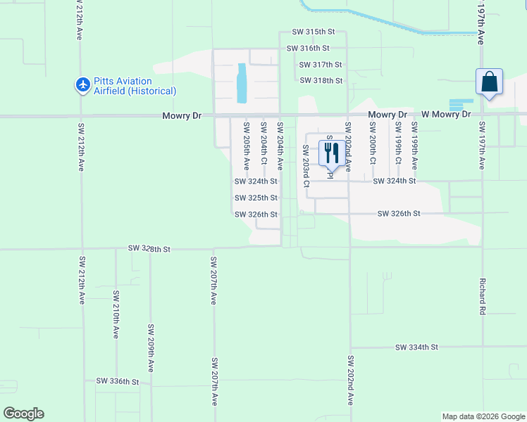 map of restaurants, bars, coffee shops, grocery stores, and more near 20455 Southwest 326th Street in Homestead