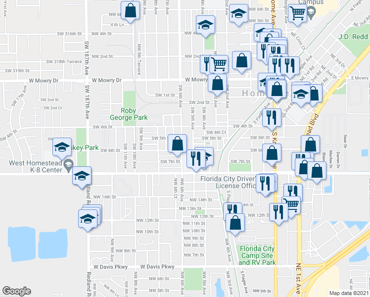 map of restaurants, bars, coffee shops, grocery stores, and more near 612 Southwest 6th Avenue in Homestead