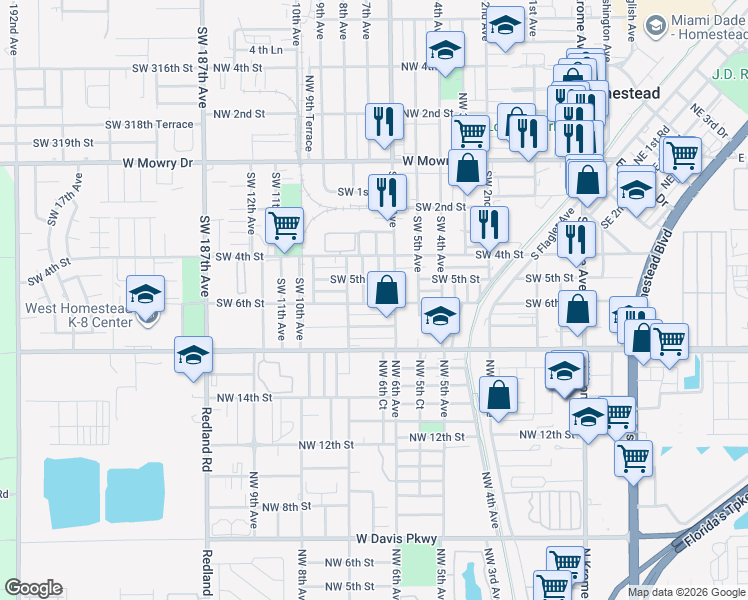 map of restaurants, bars, coffee shops, grocery stores, and more near 712 Southwest 6th Street in Homestead