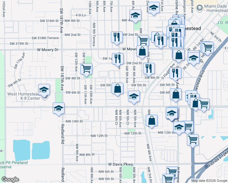 map of restaurants, bars, coffee shops, grocery stores, and more near 712 Southwest 6th Street in Homestead