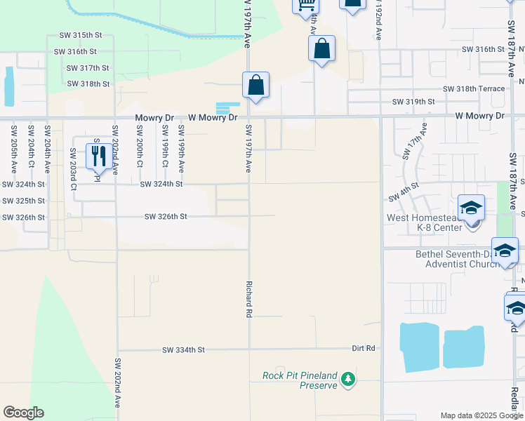 map of restaurants, bars, coffee shops, grocery stores, and more near 19606 Southwest 325th Lane in Homestead