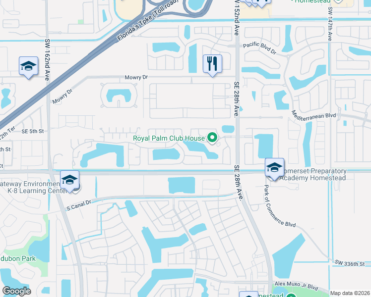 map of restaurants, bars, coffee shops, grocery stores, and more near 725 Southeast 25th Lane in Homestead