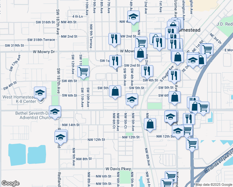 map of restaurants, bars, coffee shops, grocery stores, and more near 612 Southwest 6th Avenue in Homestead