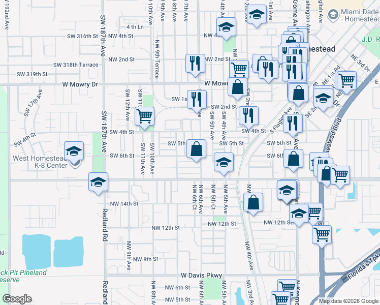 map of restaurants, bars, coffee shops, grocery stores, and more near 712 Southwest 6th Street in Homestead