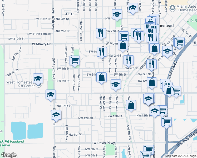map of restaurants, bars, coffee shops, grocery stores, and more near 712 Southwest 6th Street in Homestead