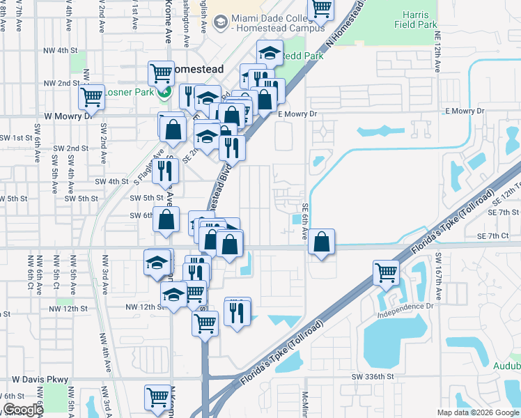 map of restaurants, bars, coffee shops, grocery stores, and more near Darren Drive in Homestead