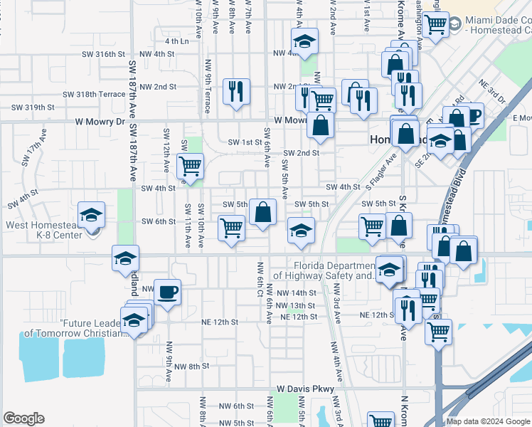 map of restaurants, bars, coffee shops, grocery stores, and more near 612 Southwest 6th Avenue in Homestead