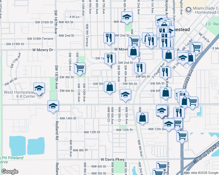 map of restaurants, bars, coffee shops, grocery stores, and more near 612 Southwest 6th Avenue in Homestead