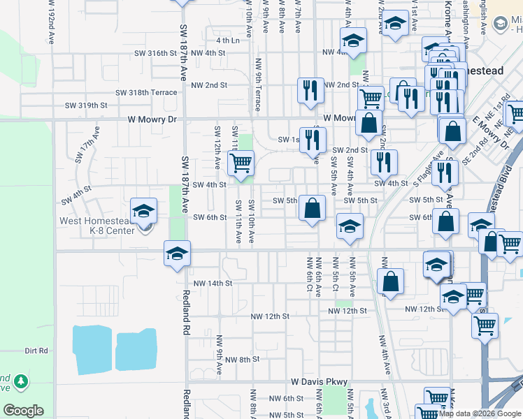 map of restaurants, bars, coffee shops, grocery stores, and more near 860 Southwest 6th Street in Homestead