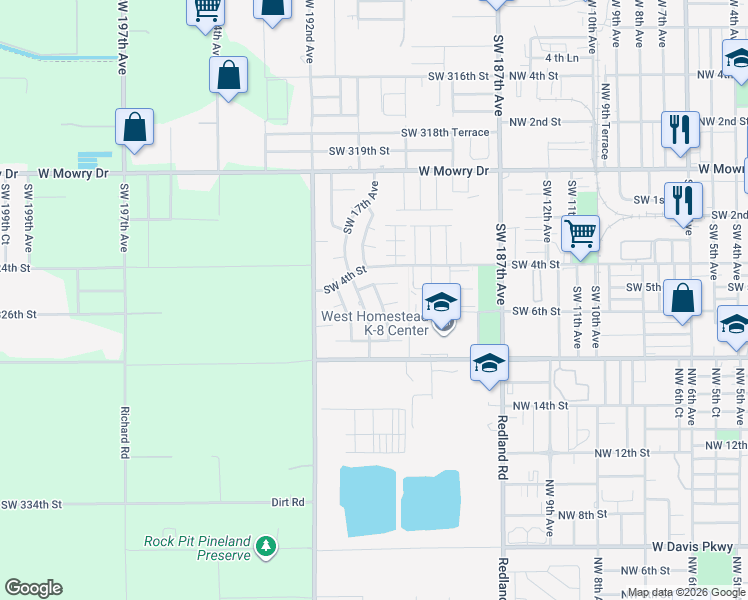 map of restaurants, bars, coffee shops, grocery stores, and more near 597 Southwest 17th Avenue in Homestead