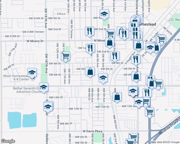 map of restaurants, bars, coffee shops, grocery stores, and more near 612 Southwest 6th Avenue in Homestead