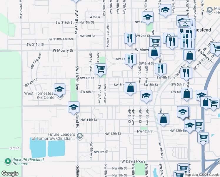 map of restaurants, bars, coffee shops, grocery stores, and more near 860 Southwest 6th Street in Homestead