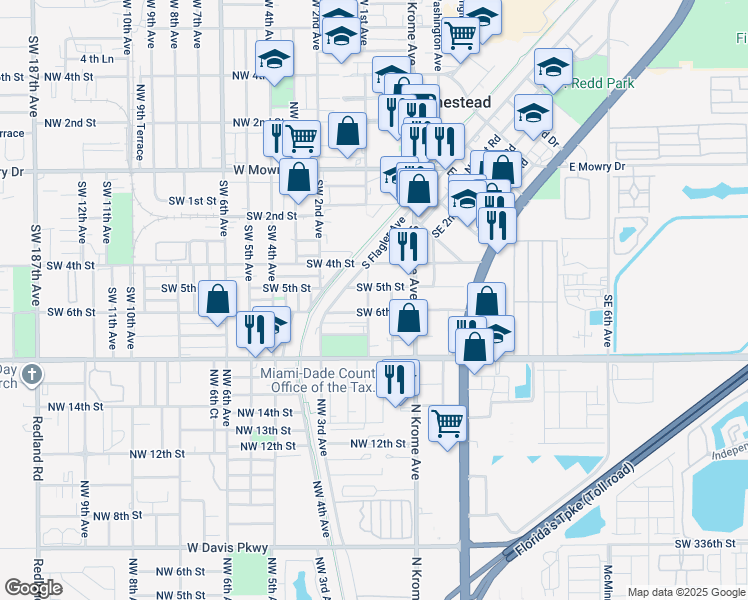 map of restaurants, bars, coffee shops, grocery stores, and more near 434 Southwest 1st Avenue in Homestead