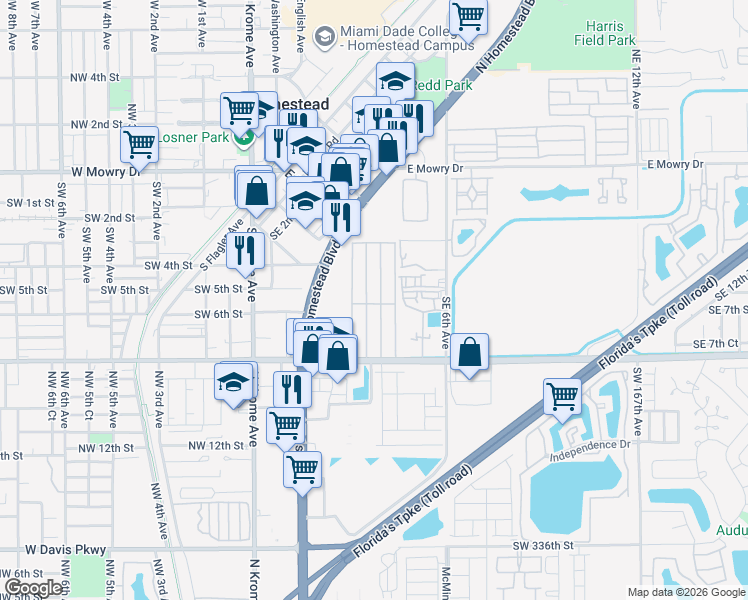 map of restaurants, bars, coffee shops, grocery stores, and more near Darren Dr in Homestead