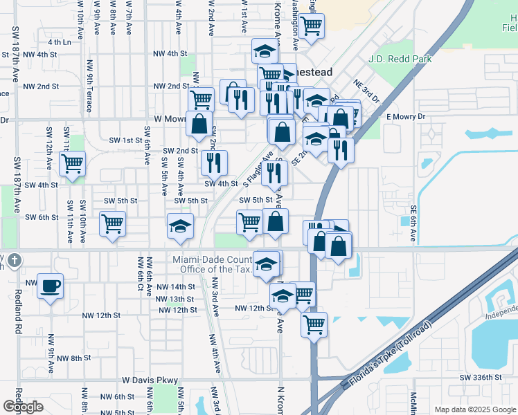 map of restaurants, bars, coffee shops, grocery stores, and more near 31 Southwest 5th Street in Homestead