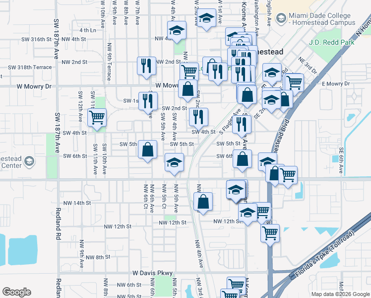 map of restaurants, bars, coffee shops, grocery stores, and more near 311 Southwest 5th Street in Homestead