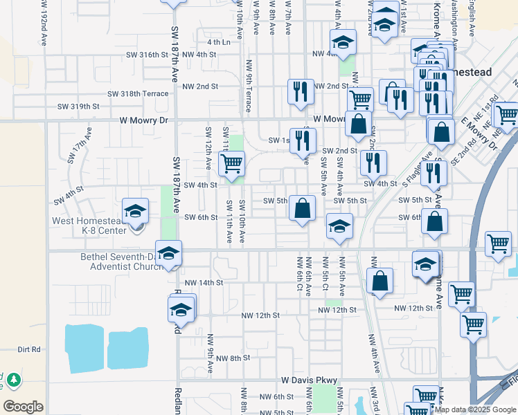 map of restaurants, bars, coffee shops, grocery stores, and more near 855 Southwest 5th Street in Homestead
