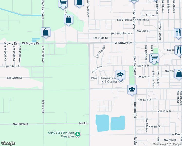 map of restaurants, bars, coffee shops, grocery stores, and more near 395 Southwest 192nd Avenue in Homestead