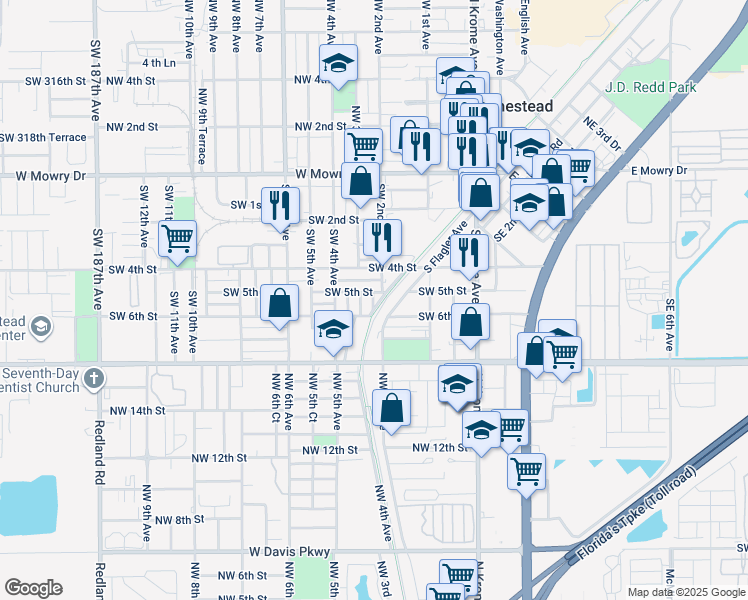 map of restaurants, bars, coffee shops, grocery stores, and more near 435 Southwest 2nd Avenue in Homestead