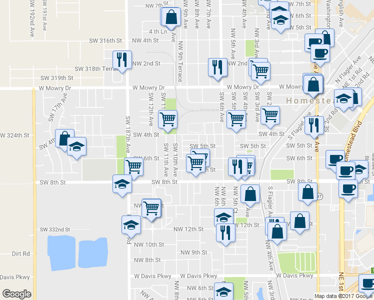 map of restaurants, bars, coffee shops, grocery stores, and more near 855 Southwest 5th Street in Homestead