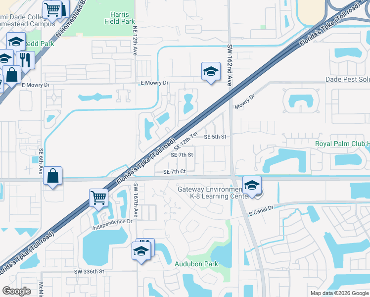 map of restaurants, bars, coffee shops, grocery stores, and more near 1304 Southeast 6th Street in Homestead