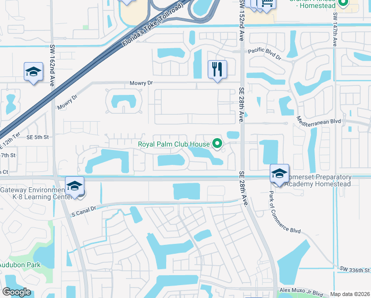 map of restaurants, bars, coffee shops, grocery stores, and more near 585 Southeast 25th Lane in Homestead