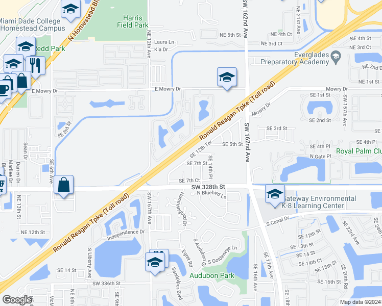 map of restaurants, bars, coffee shops, grocery stores, and more near 514 Southeast 12th Terrace in Homestead