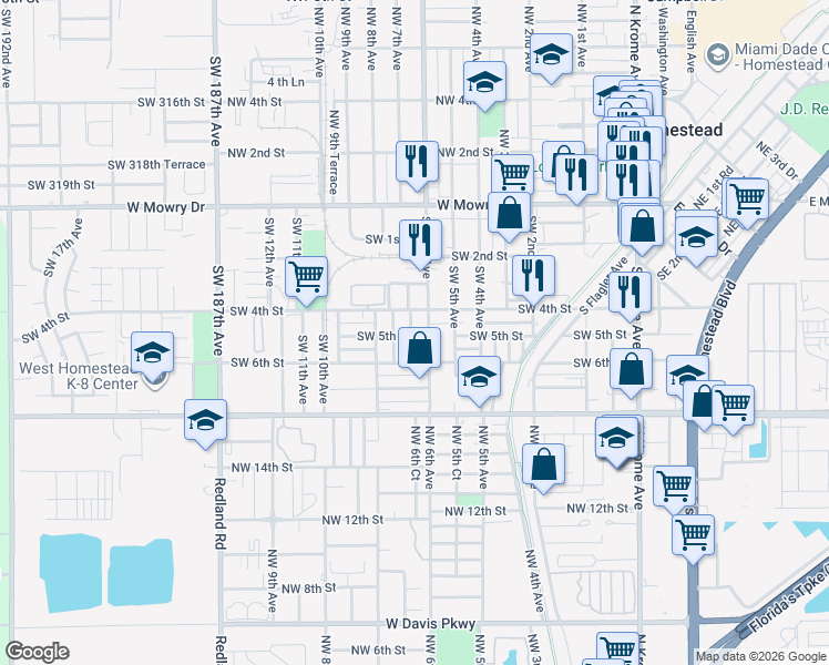 map of restaurants, bars, coffee shops, grocery stores, and more near 436 Southwest 6th Avenue in Homestead