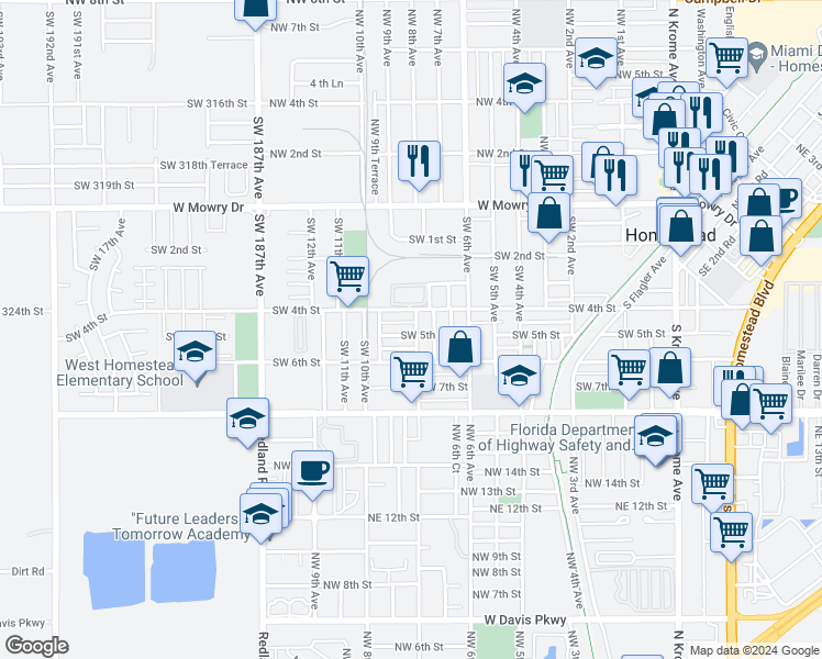 map of restaurants, bars, coffee shops, grocery stores, and more near 432 Southwest 7th Avenue in Homestead